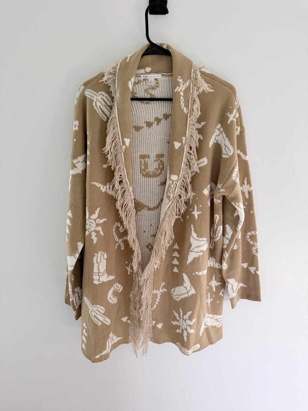Cato Tan White Open-Knit Western Country Fringe Cowboy Cardigan-Size L